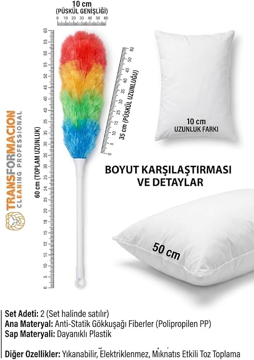 Transformacion 2'li Set Anti-Statik Fiber Toz Alma Püskülü 60 cm | Yıkanabilir, Elektriklenmeyen, Uzanma Derdine Son Veren Toz Toplayıcı 719657