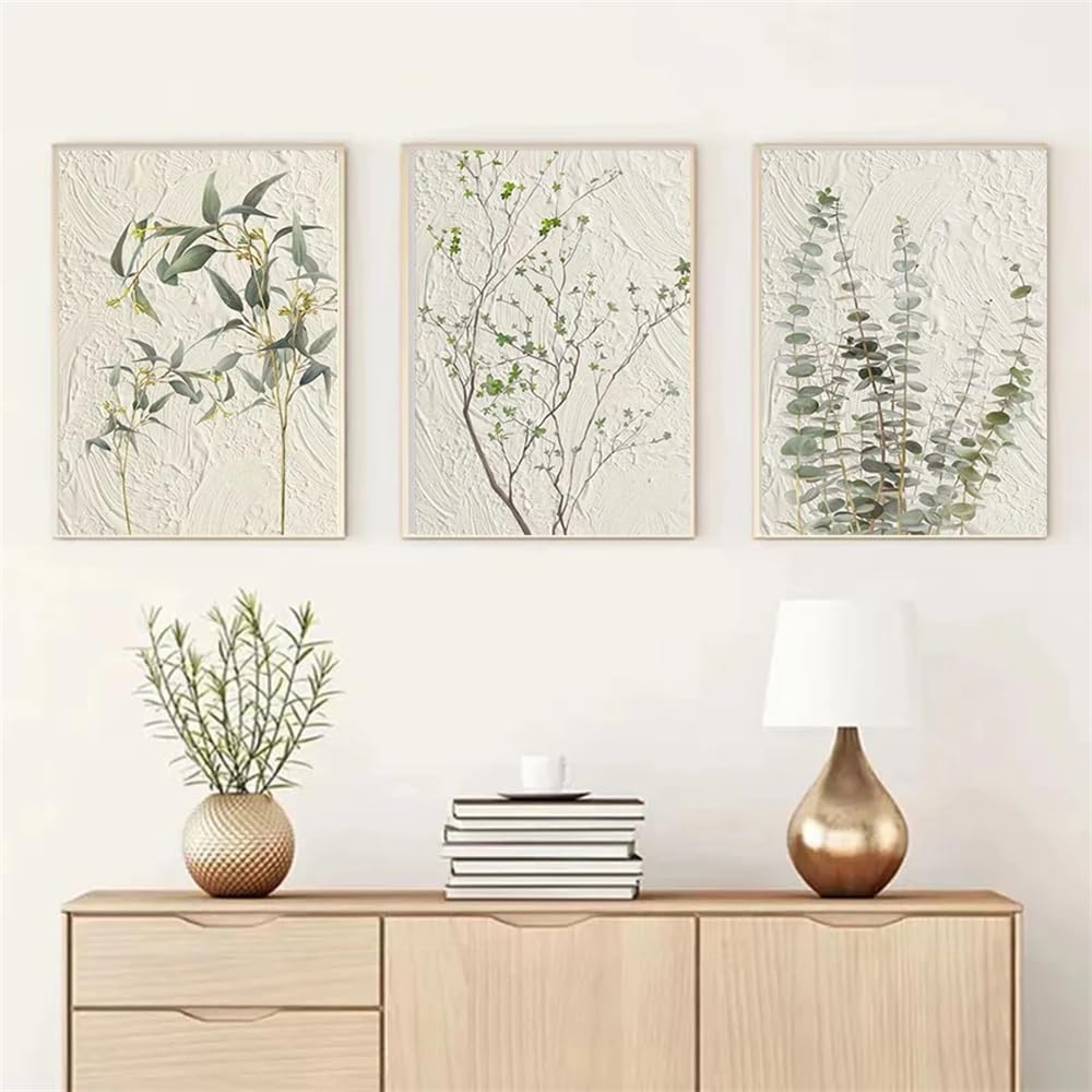 WUHBCZ Canvas Paints-Abstract Art Prints Green Simple Flowers and Grass Beige Modern Canvas Painting for Home Kitchen Office Wall Room Decoration-60 * 70cm/3PCS (No Frame)