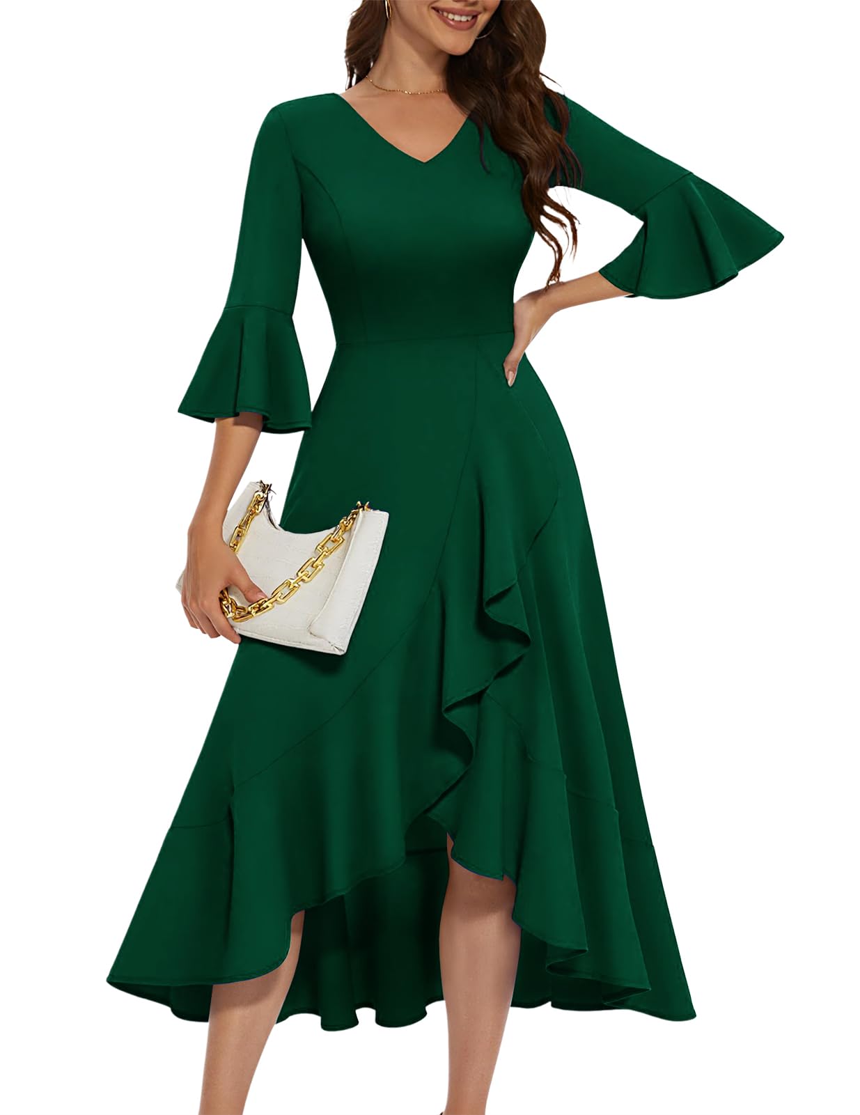 HomRain Women's Wedding Guest Dress Elegant Formal Cocktail Bell Sleeve Dress for Prom Homecoming Tea Party