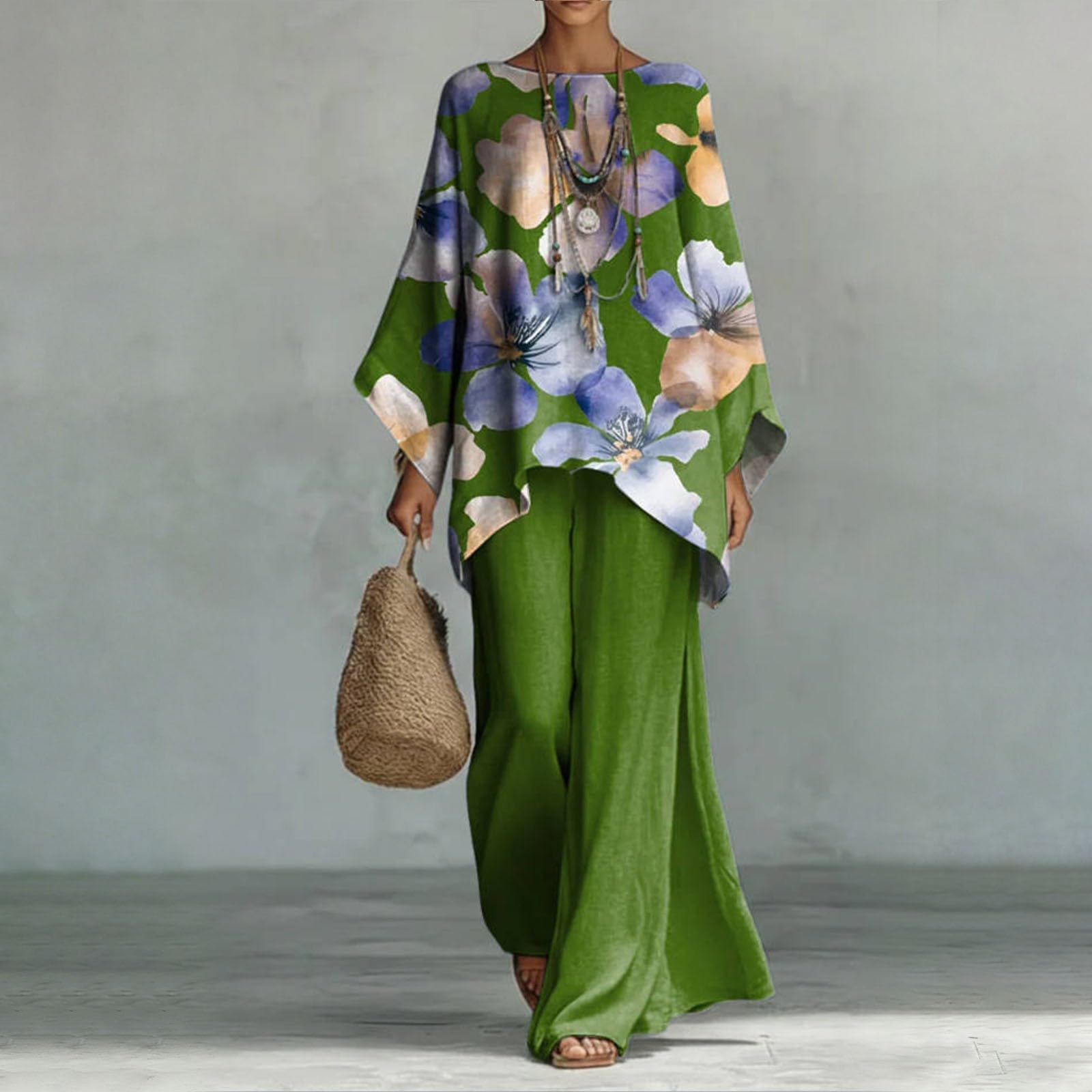 Ensemble 2 Pièces Femme en Coton et Lin Style Ethnique Bohème, Blouse Haut Ample Manches Chauve‑Souris et Pantalon Large Jambes Fluide Évasées, Tenue Ensembles Bohème Chic pour Été Vacances Plage
