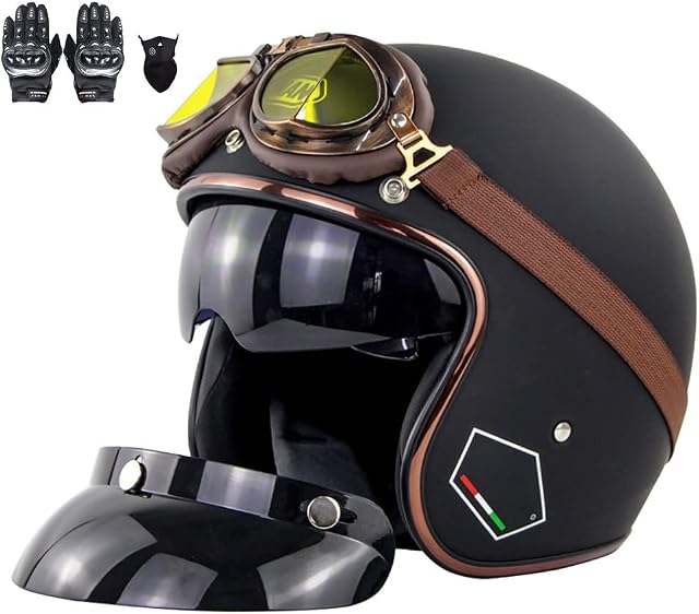 Motorcycle Half Helmet, Jet-Helmet half helmet, Open Face Helmet with Goggles, with Adjustable Quick Release Buckle, for Cruiser Moped Scooter Pilot Helmet, ECE Approved (55~64CM)