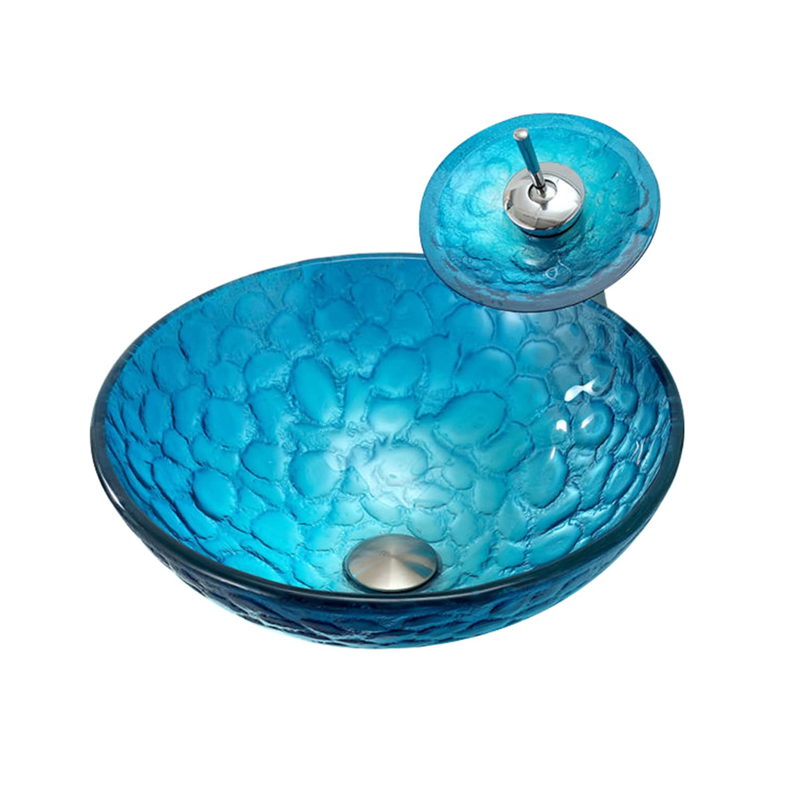 Gljtuo Blue Bathroom Vessel Sink,Tempered Glass Vessel Sink Round Wash Basin Bowl With Waterfall Mixer Faucets And Pop-Up Drain, Counter Top Installation