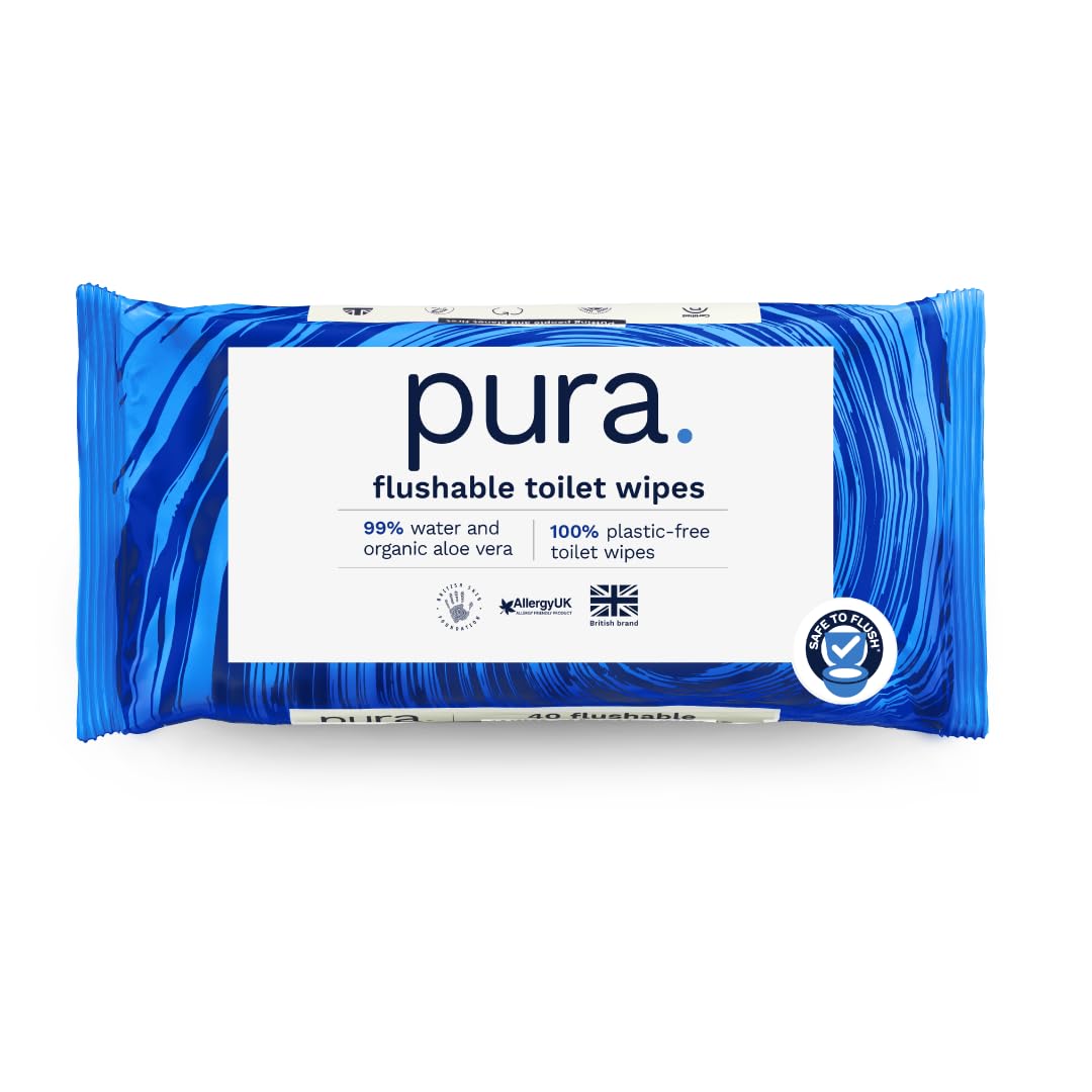 Flushable Moist Toilet Tissue Wipes, 1 Pack of 40 Wet Wipes, 100% Plastic Free, 99% Water Clean Washlets, Certified ‘Fine to Flush’ Biodegradable, Compostable, Vegan, Gentle Clean