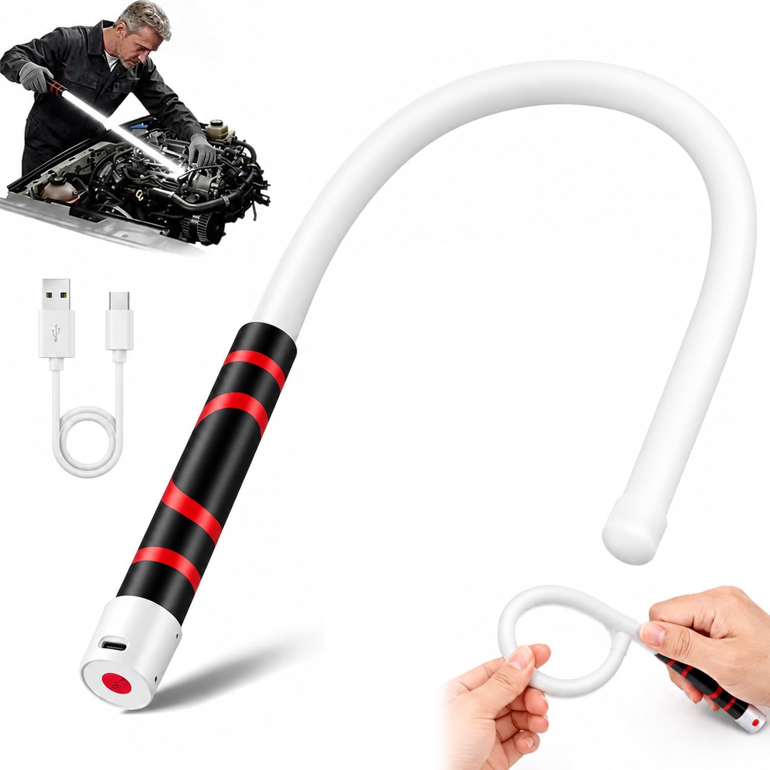 Flexible LED Flashlight Stick, 29 Inch Bendable Work Light, High Lumen Rechargeable LED Work Light, 3 Brightness Modes, Portable Inspection Lamp for Mechanic Car Repair 1 Pack