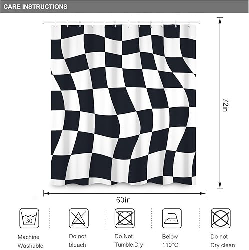 Miniatura 7 de Cortinas de ducha a cuadros para baño, cortina de ducha en blanco y negro, 60 pulgadas de ancho x 72 pulgadas de alto, bonita cortina de ducha retro