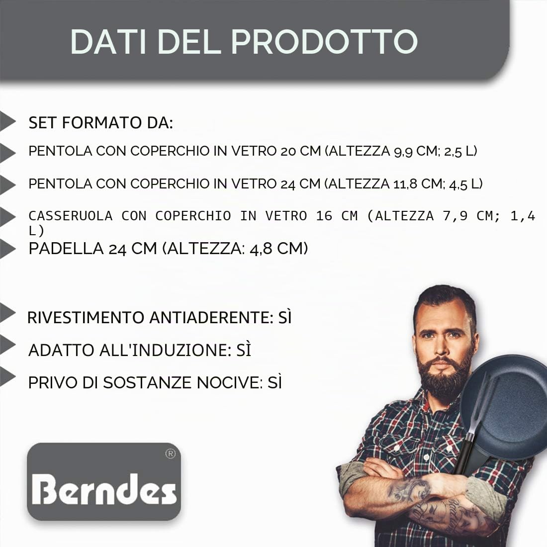 Berndes Balance Enduro Batteria 7 Pezzi: Casseruola 20+24 cm, Pentolino 16 cm, Padella Fonda 28 cm, Coperchi in Vetro 16+20+24 cm