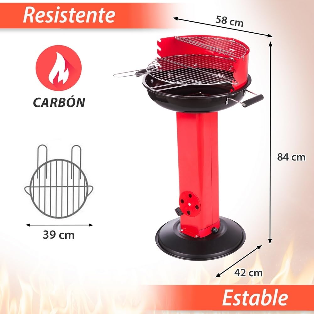 LOLAhome Barbacoa de carbón roja Aire controlado| De Ø58x84cm | Regulable 4 alturas, Doble parrilla Cocinar y Calentar, fácil montaje, fácil guardado | Para 8 comensales | Barbacoa jardín