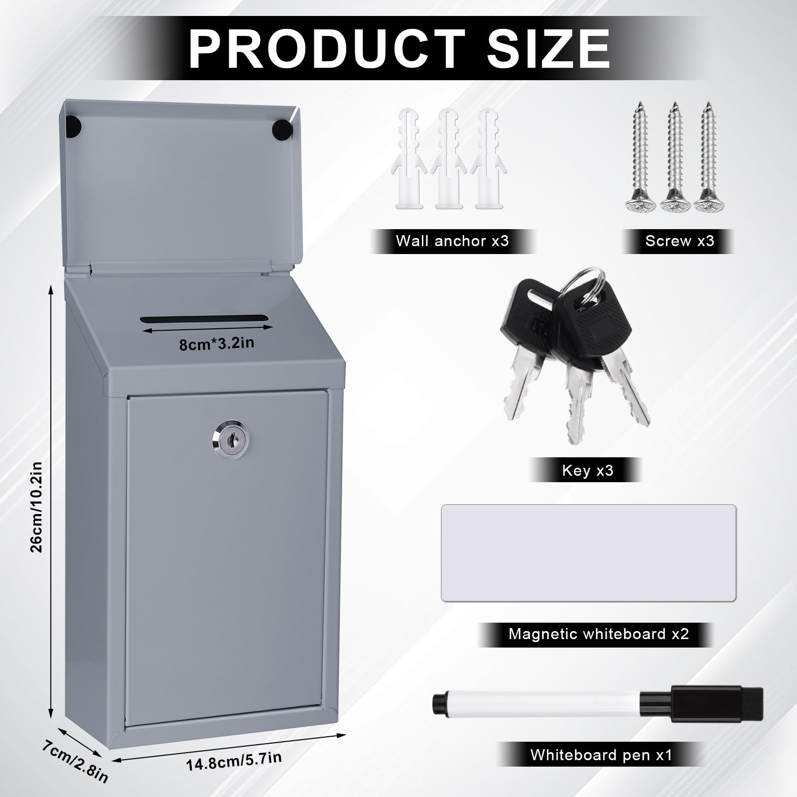 Caja de donación de metal, caja de colección de acero benéfico, buzón seguro con ranura superior y cerradura con llaves, soporte de pared, buzón impermeable para oficina en casa (gris, 10.2 x 5.7 x