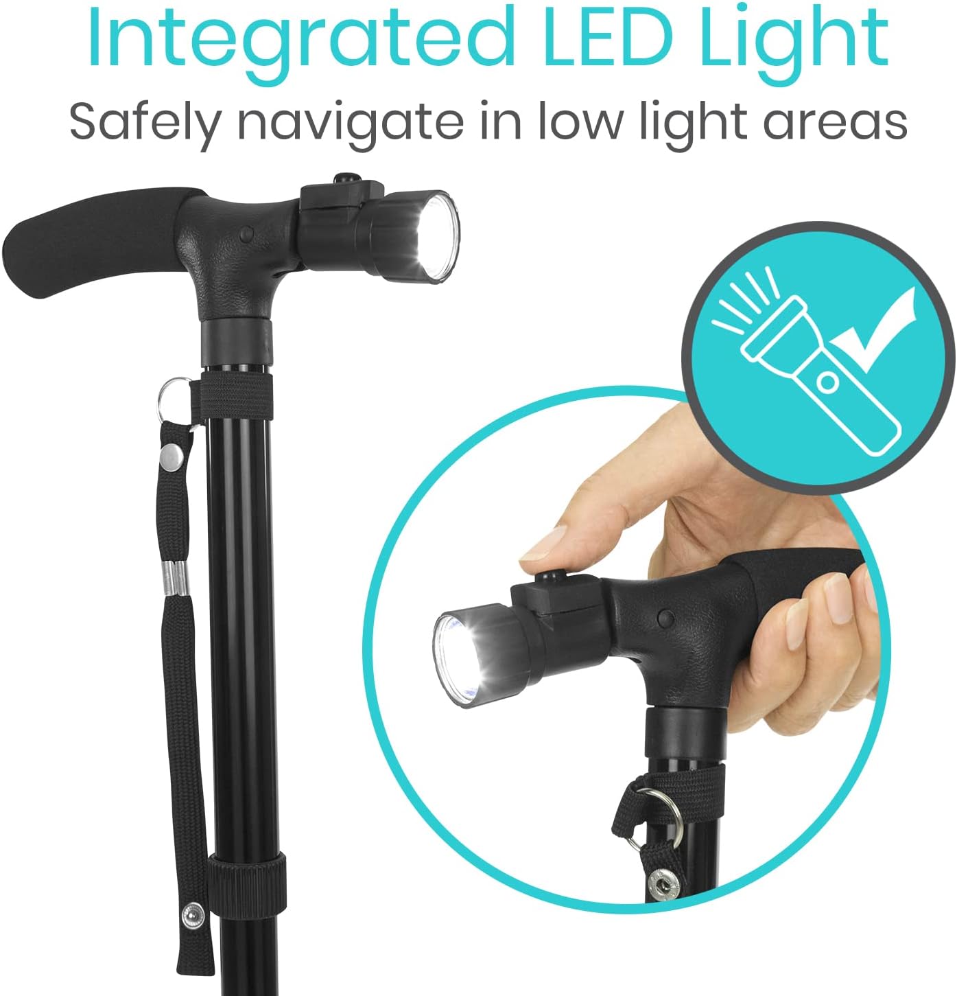 Vive LED Folding Cane with Light - Adjustable, Lightweight Collapsible Aluminum Walking Aid with Flashlight - Bariatric Foldable Small Travel Stick - Men, Women, Senior - Easy Fold Up