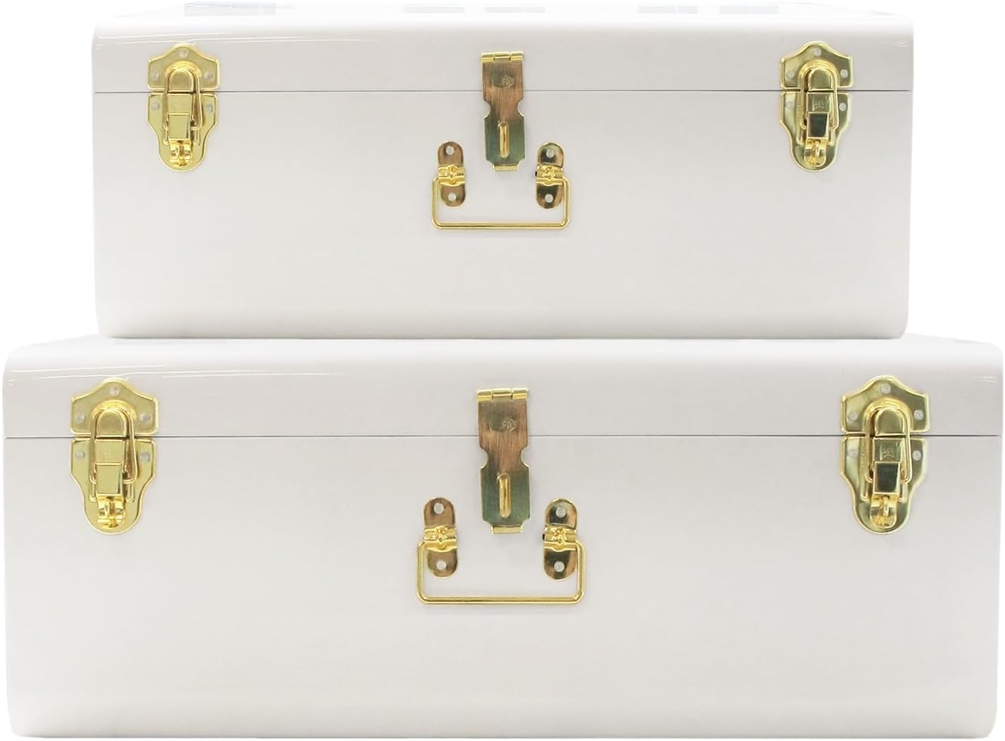 White Trunks Set of 2 - Vintage Style Storage w/Gold Finish Handles & Locks - Space Saving Organizer Home Dorm & Office Use