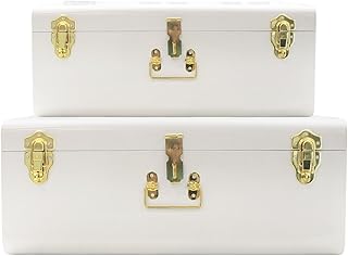 Zanzer White Trunks Set of 2 - Vintage Style Storage w/Gold Finish Handles & Locks - Space Saving Organizer Home Dorm & Office Use