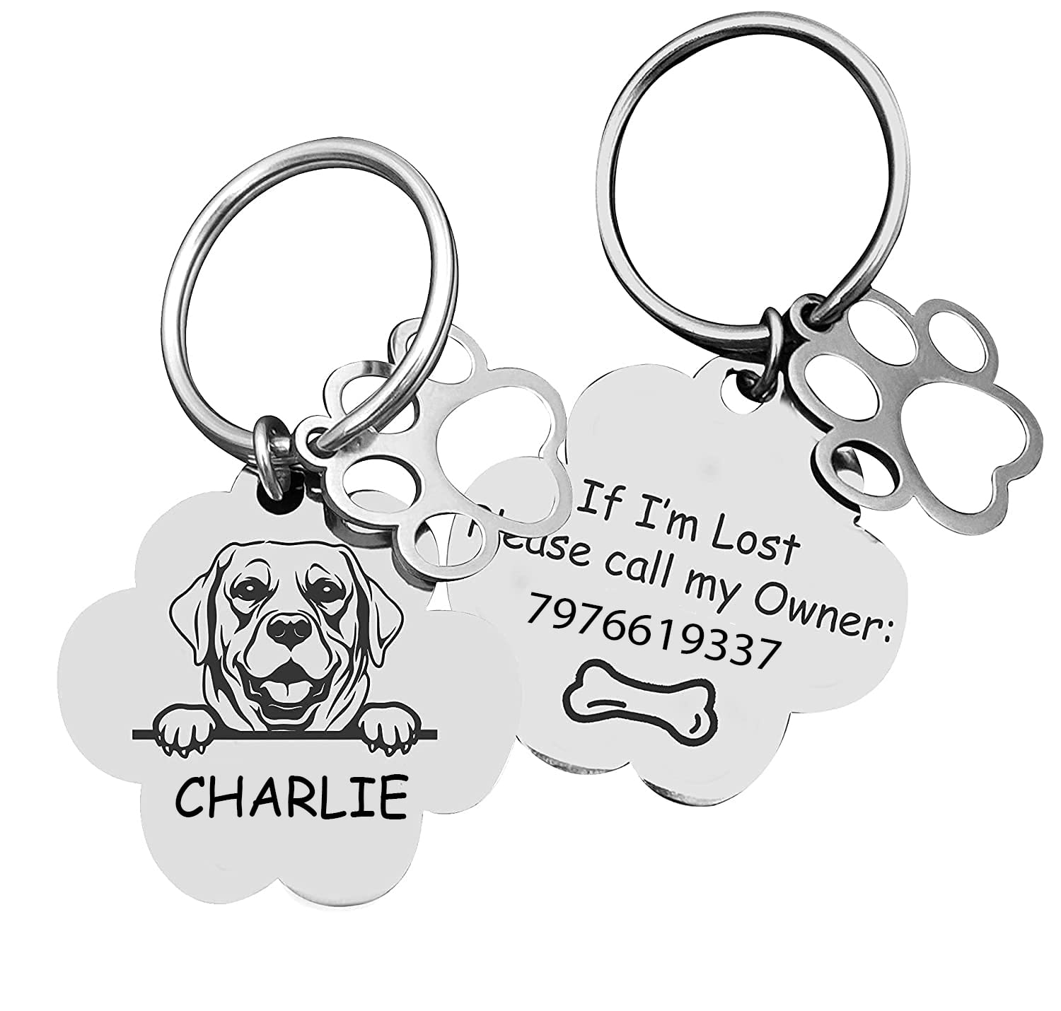 Luigi Customized Pet ID Tag Name Collar Tag for Your Loving Pets Dog, Cat, Puppy, Horse (Paw Shape Face Tag 2 MM Thick with Tiny paw Charm) (38 * 38mm)