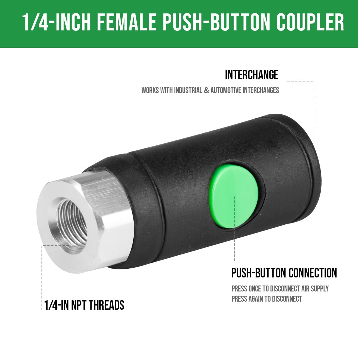 RayMagic 5 acopladores de aire industriales hembra de 1/4 pulgadas, acoplador de seguridad con botón, tipo I/M, desconexión rápida