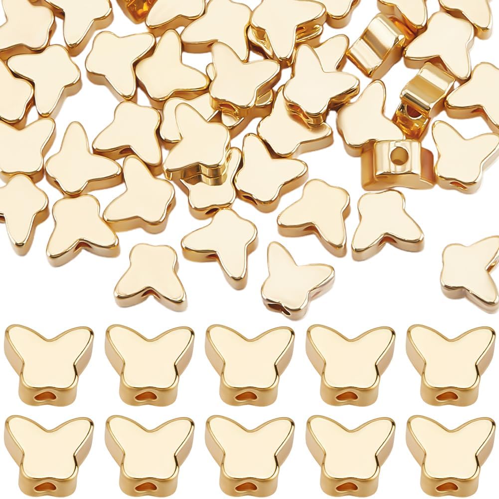 Beebeecraft 1 Box 50Pcs Brass Spacer Beads 18K Gold Plated Butterfly Small Hole Metal Loose Beads for DIY Making Bracelet Necklace