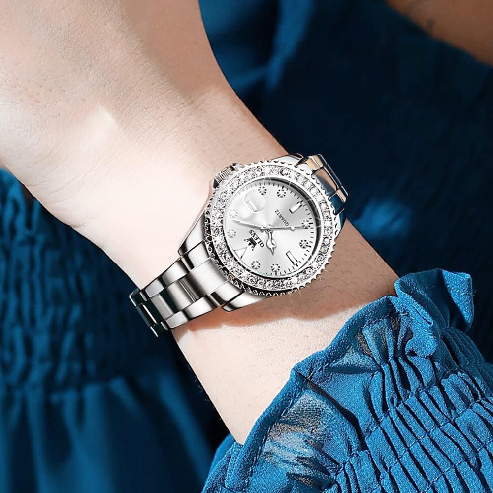 OLEVS Orologio da donna con diamanti al quarzo, analogico, in acciaio inox, due tonalità, impermeabile, luminoso, con data, orologio da polso da donna, regalo