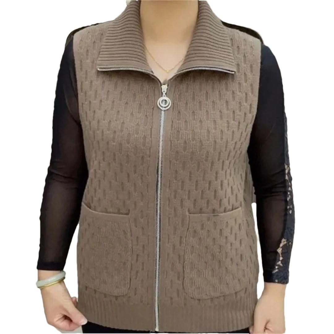 Vsadsau Women Lapel Knit Cardigan Sweater Vest Solid Zipper Sleeveless Sweater Thick Knit Waistcoat