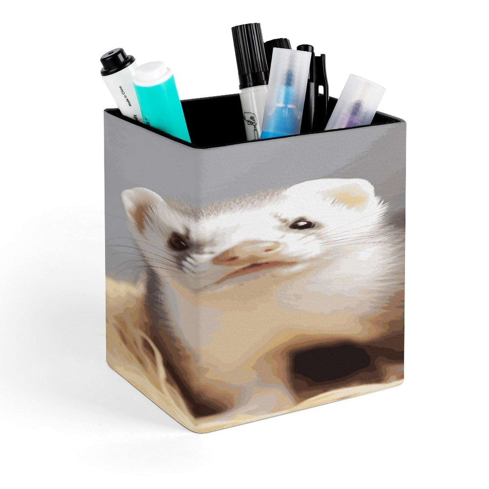 MUSM Ferrets Pen Holder Square PU Leather Desktop Organizer And Makeup Brush Holder Storage Box Modern Design Stationery Organizer for Office Desk Accessory