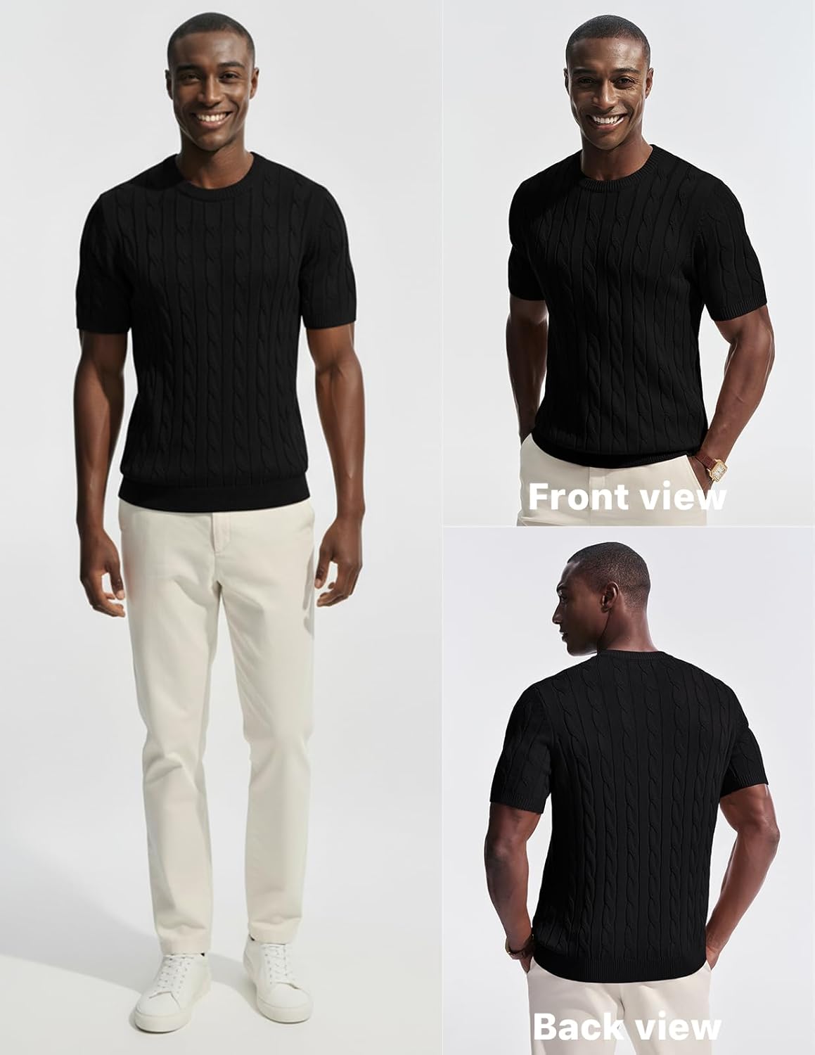 PJ PAUL JONES Mens T-Shirts Crewneck Tee Shirt Cable Knit Tee Short Sleeve Texture T Shirt - Image 2