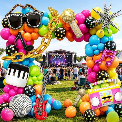 90s 80s Disco Theme Party Decorations 156pcs Balloon Arch Kit with Disco Ball Retro Glasses Musical Note Radio Guitar and Star Foil Balloons for for Back to 90s 80s Hip Hop Birthday Supplies