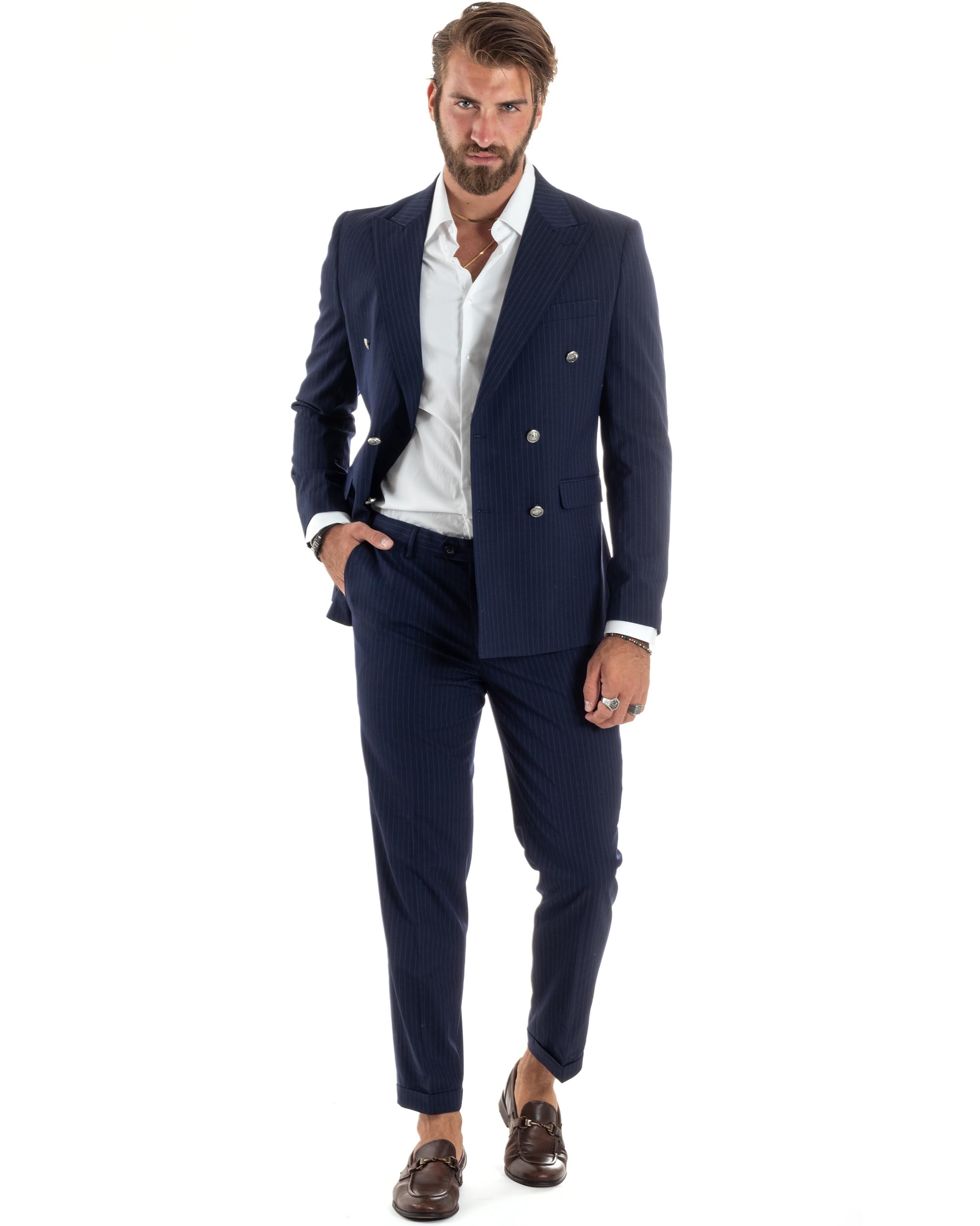 Abito Uomo Doppiopetto Vestito Completo Rigato Elegante Sartoriale Giacca Pantaloni Bottoni Metallo Fantasia Gessata Vari Colori