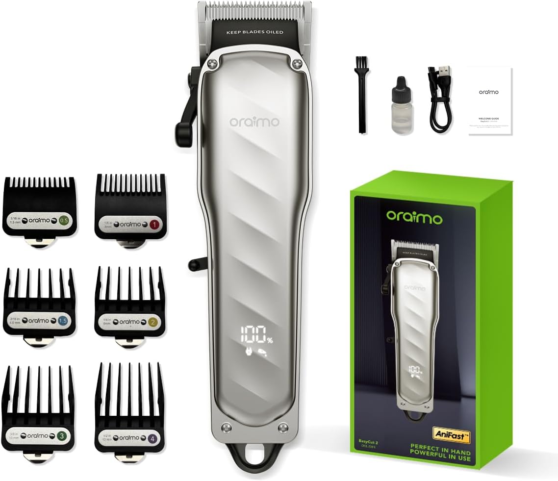 Oraimo ProCut Professional Hair Clippers for Men, High-Torque Cordless Barber Clippers, Durable Stainless Steel Blades with 240Mins Runtime, LED Display & Adjustable Guide Combs