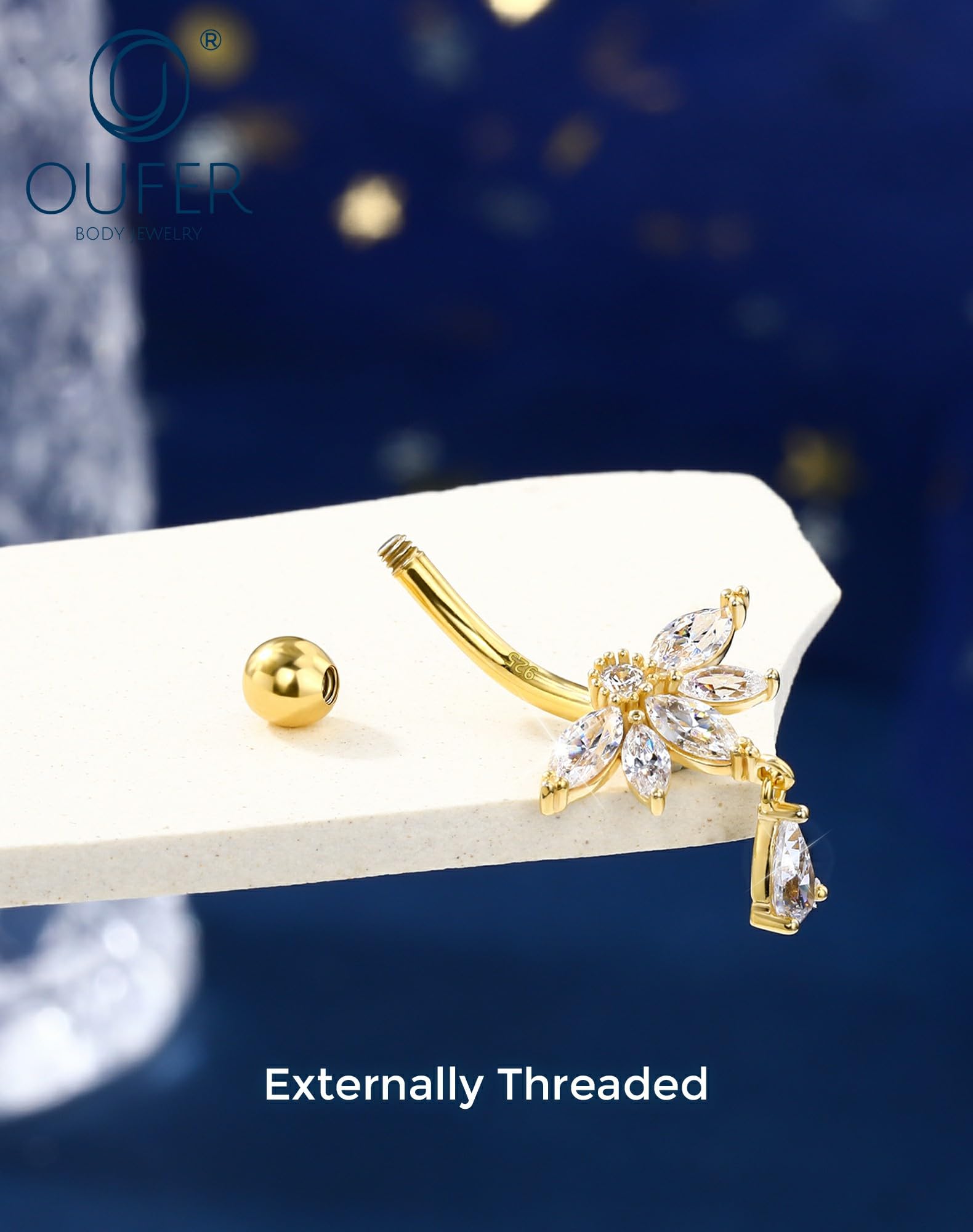 OUFER Lotus Gold - Piercing para ombligo de plata de ley 925, 14 g, con colgante, circonita transparente, 10 mm