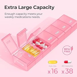 AUVON Pink XL Weekly Pill Organizer with Effortless Opening Design, Arthritis Friendly Pill Box, BPA-Free Pill Organizer 7 Day, Cute & Portable Pill Case for Vitamins, Supplements and Medications