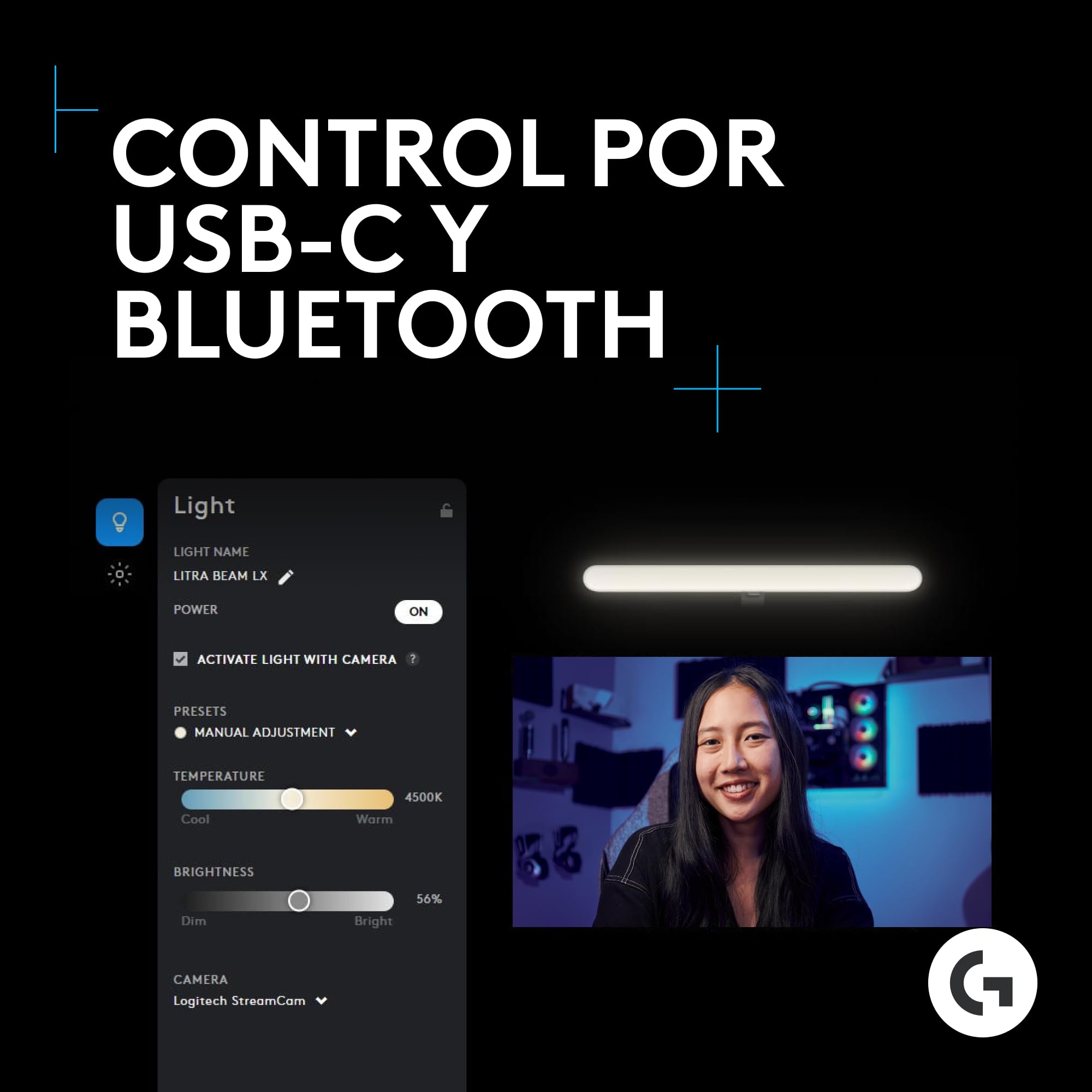 Logitech G Litra Beam LX, luz LED Principal Premium para Streaming, RGB de Doble Cara con TrueSoft, para Streaming, difusión, LIGHTSYNC, Bluetooth, USB, PC/Mac – Grafito