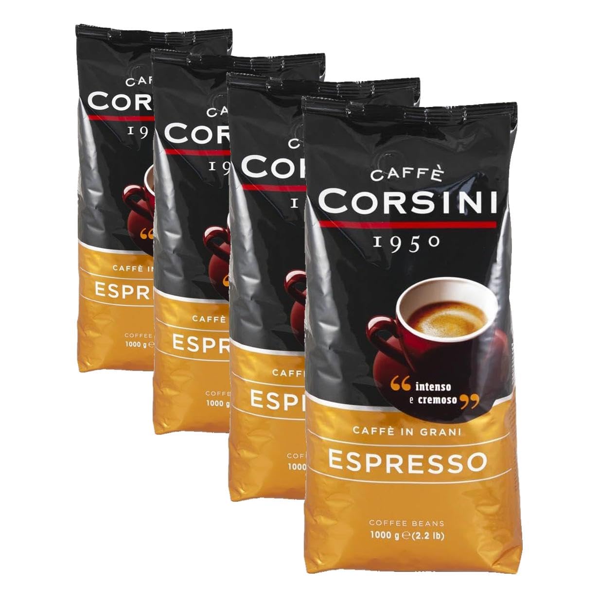 Caffè Corsini in Grani Espresso, 1kg. Auswahl von Kaffeebohnen für eine Mischung mit intensivem und cremigem Geschmack (Packung mit 4)