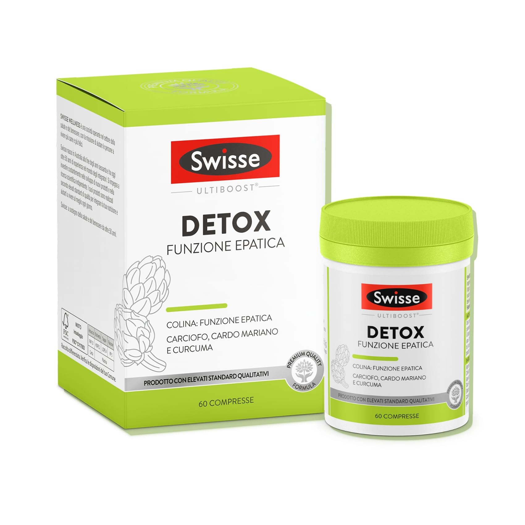 SWISSE Detox - Colina Integratore con Cardo Mariano, Curcuma ed Estratto di Carciofo, Integratori Alimentari per Supporto Funzione Epatica - 60 Compresse Rivestite, Facili da Deglutire, Made in Italy