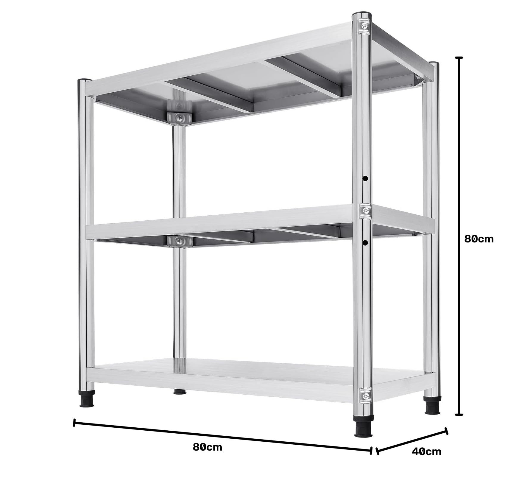 Arbeitstisch Küche Edelstahl, Edelstahl Küchentisch 3 Böden 90kg Belastung, Regal Küche Gastronomie Tisch für die Zubereitung von Speisen Hotels, Platzsparend(80 * 40 * 80cm)