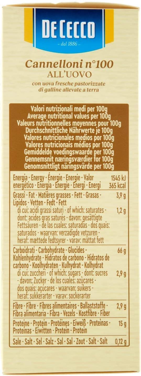 20 x De Cecco Pasta Canelones n. 100 Uovo Pasta de huevo 250 g