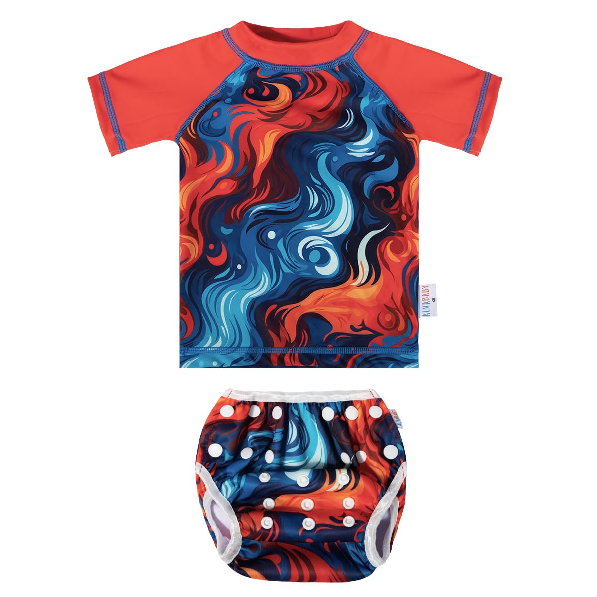 ALVABABY 2-Piece Baby Swimsuit,Infant Toddler Bathing Short Sleeve Swimwear, Large Baby Reusable Swim Diaper with Matching Top