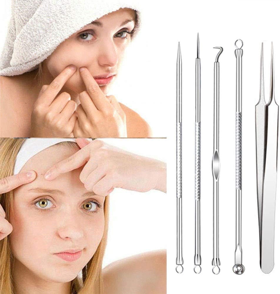 Blackhead Remover Tool Kit Comedone Extractor, Karpo 5 in1 Blackhead Cleaner Tweezers Kit, Curved Professional Stainless Pimple Acne Blemish Removal Tools Set, Silver