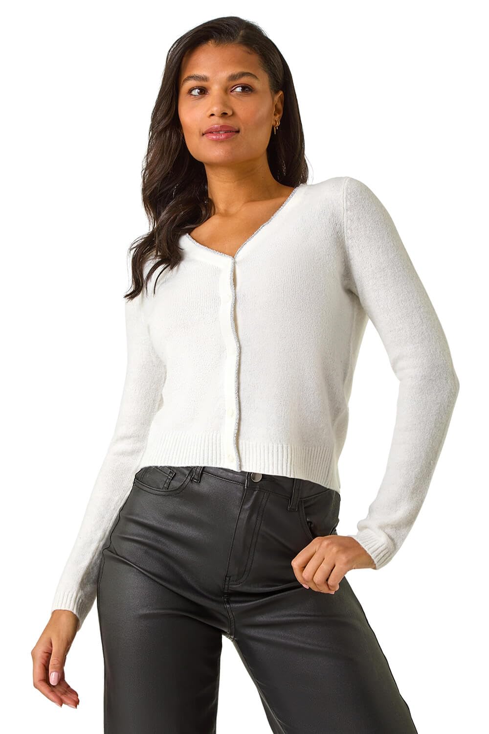 Roman Women's White Sparkly V-Neck Ribbed Cardigan Medium