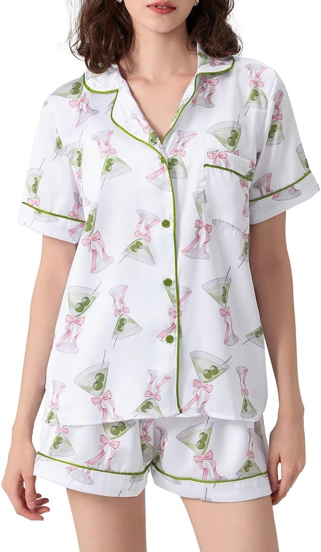 Juakoso Women Champagne Bottle Pajamas Sets Wine Can Print Pjs Sets Silk Satin 2 Piece Sets Short Sleeve Shirts Shorts Sets