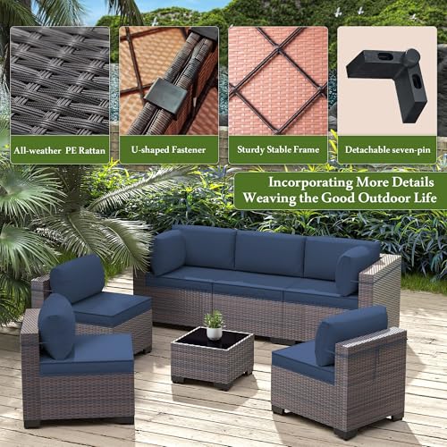 Image of 9 Pieces Outdoor Sectional Furniture All Weather PE Rattan Wicker Patio Conversation Set with Coffee Table and 8 Thickened Cushions,Navy Blue
