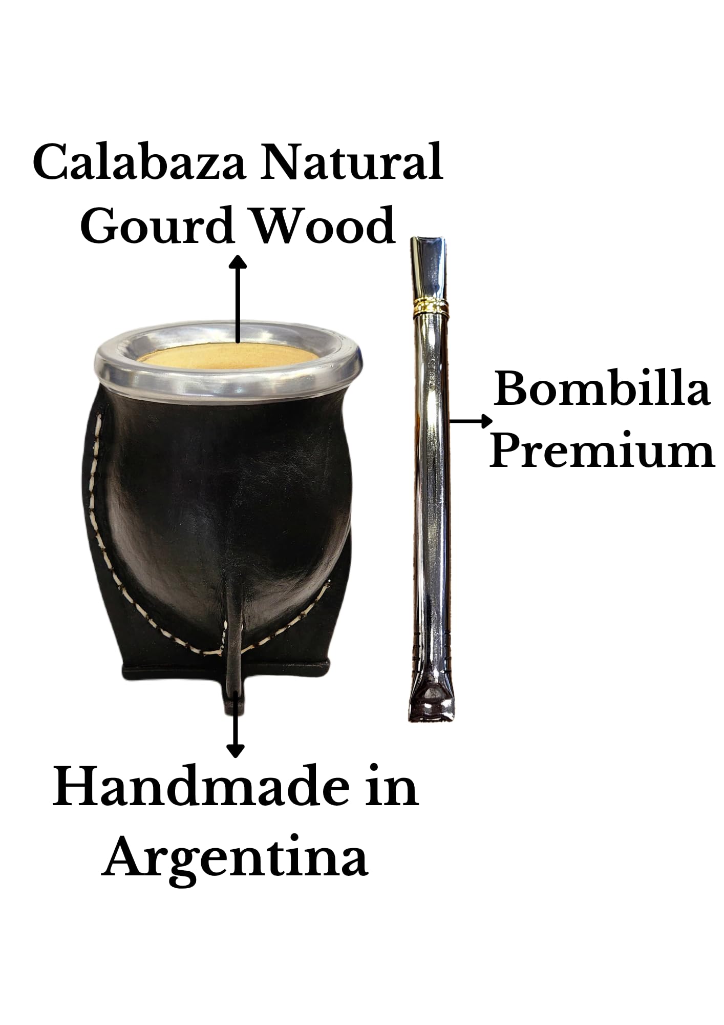 Taza Mate Argentino Premium con Interior Madera de Calabaza Natural Y Exterior Cuero Negro con Acero Inoxidable - Incluye Bombilla para Yerba Mate.