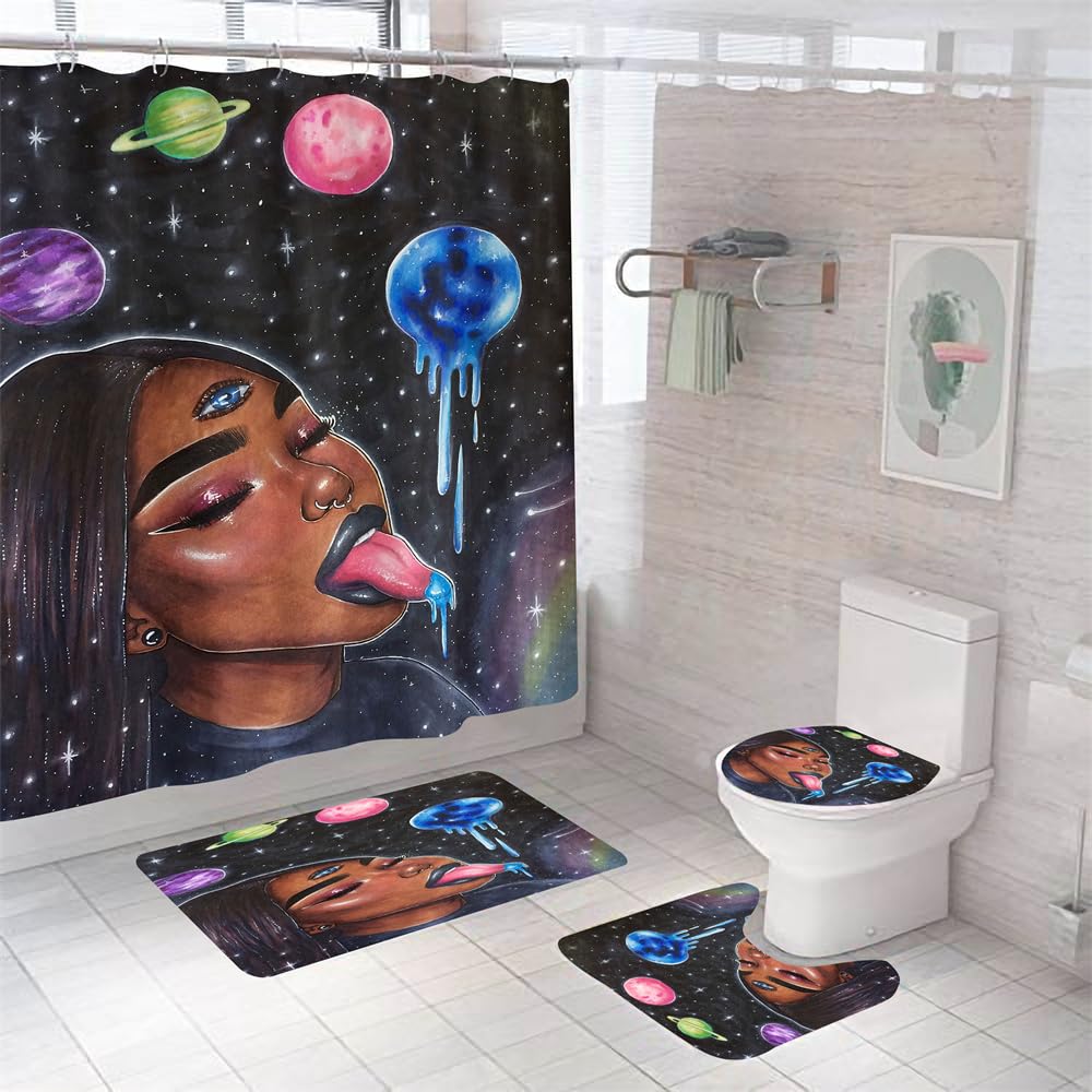 Alfombra Baño Mujer Juego De 4 Alfombras De Baño Lavable,Alfombra Baño Secado Rapido - Alfombra De Baño*1+Tapa del Inodoro*1+ Alfombra*1 Tipo U+Cortinas De Baño180X180 50×80Cm