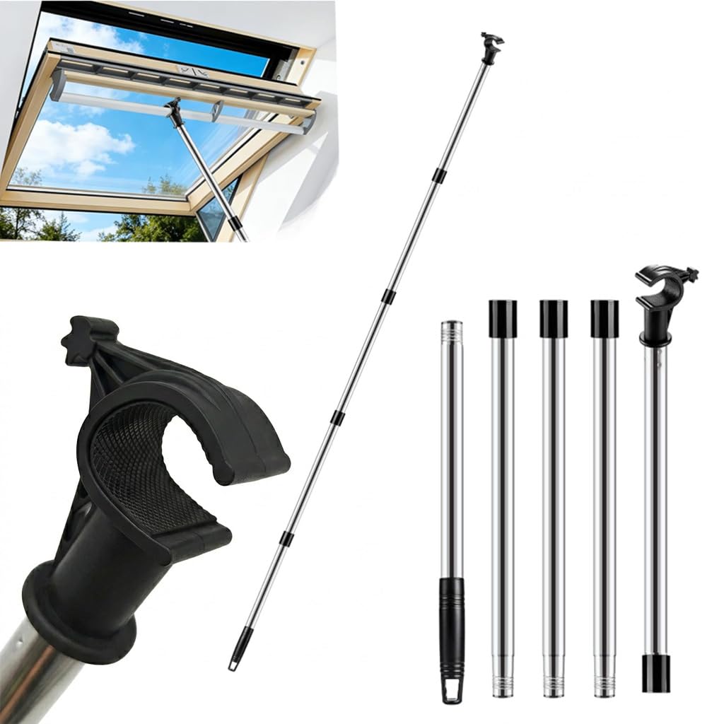 Window Pole Opener 1.86m Multi-Part Telescopic with Hook for Velux GGL GGU Skylight Roof Windows Sectional Skylight Pole for Blinds Loft Hatch Vertical Horizontal Sliding Windows Stainless Steel