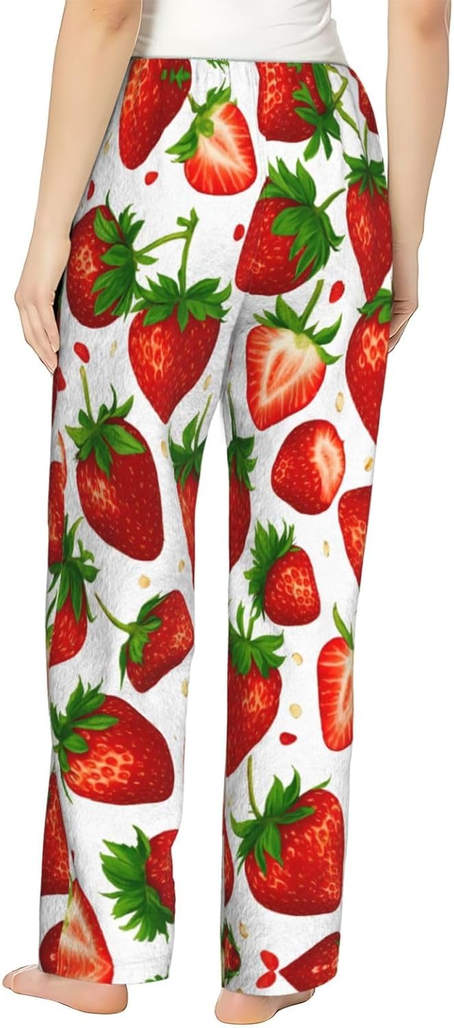 Strawberry Print Cozy Flannel Pajama Pants For Women,Warm Christmas Pj Pants,Cute Fleece Pajamas