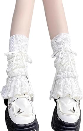Leoparts Womens Knitted Leg Warmers Bow Flared Ruffle Trim Knee High Leg Sleeve Socks Lace-up Leg Cover for Teen Girls