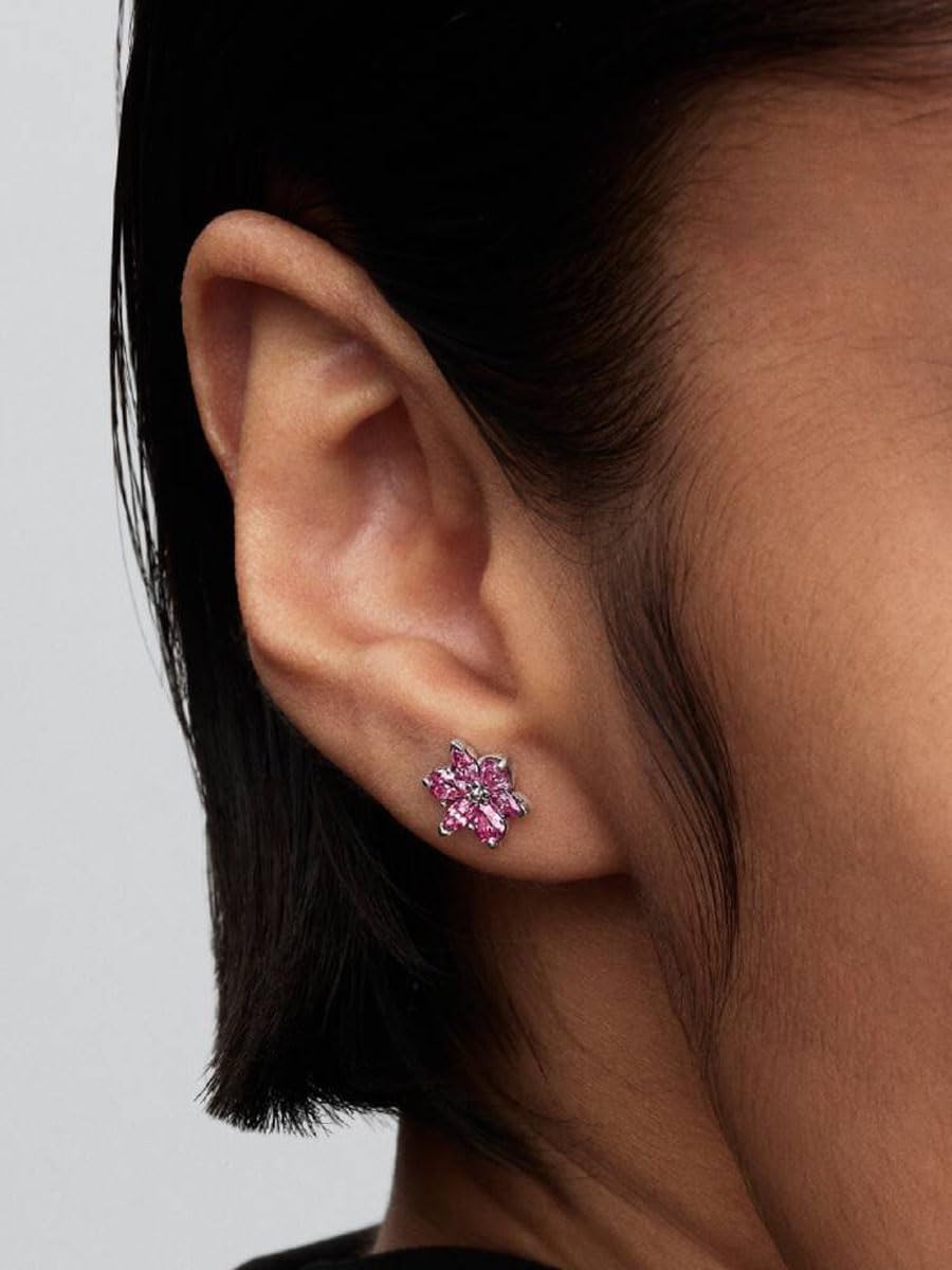 PANDORA Orecchini a lobo Herbarium Fiore Rosa, 925 argento Sterling con zirconi cubici, orecchini con pietre rosa a forma di fiore, gioielli da donna, 292633C02