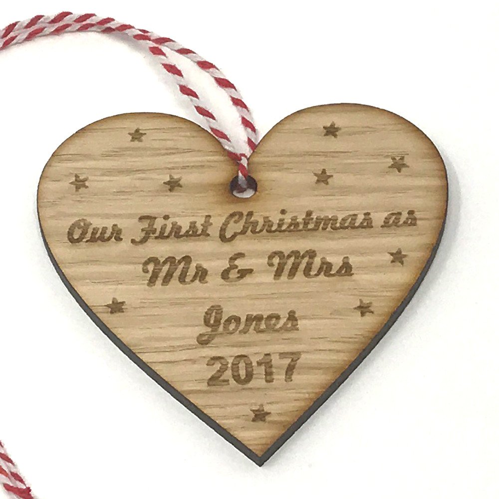 Crafty Gift Company Ltd Personalised First Christmas as Mr and Mrs Bauble Tree Decoration Oak