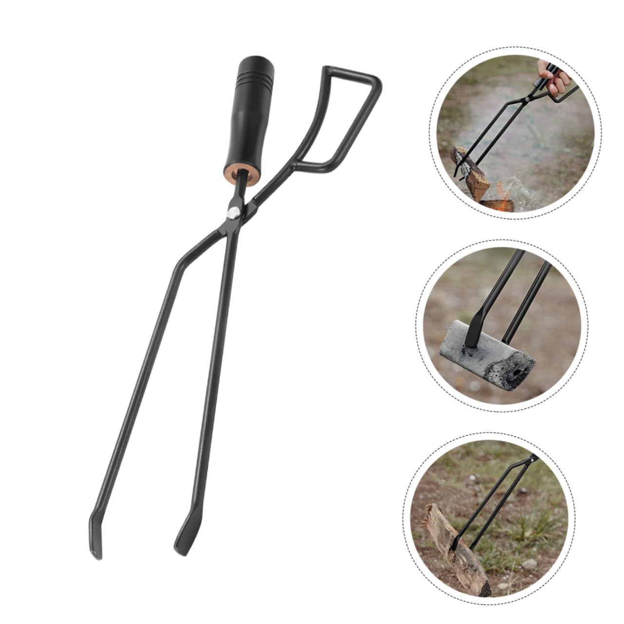 Pinzas largas de carbón para barbacoa, mango de madera resistente al calor, ideal para asar al aire libre y camping, construcción de hierro resistente para un manejo seguro y fácil