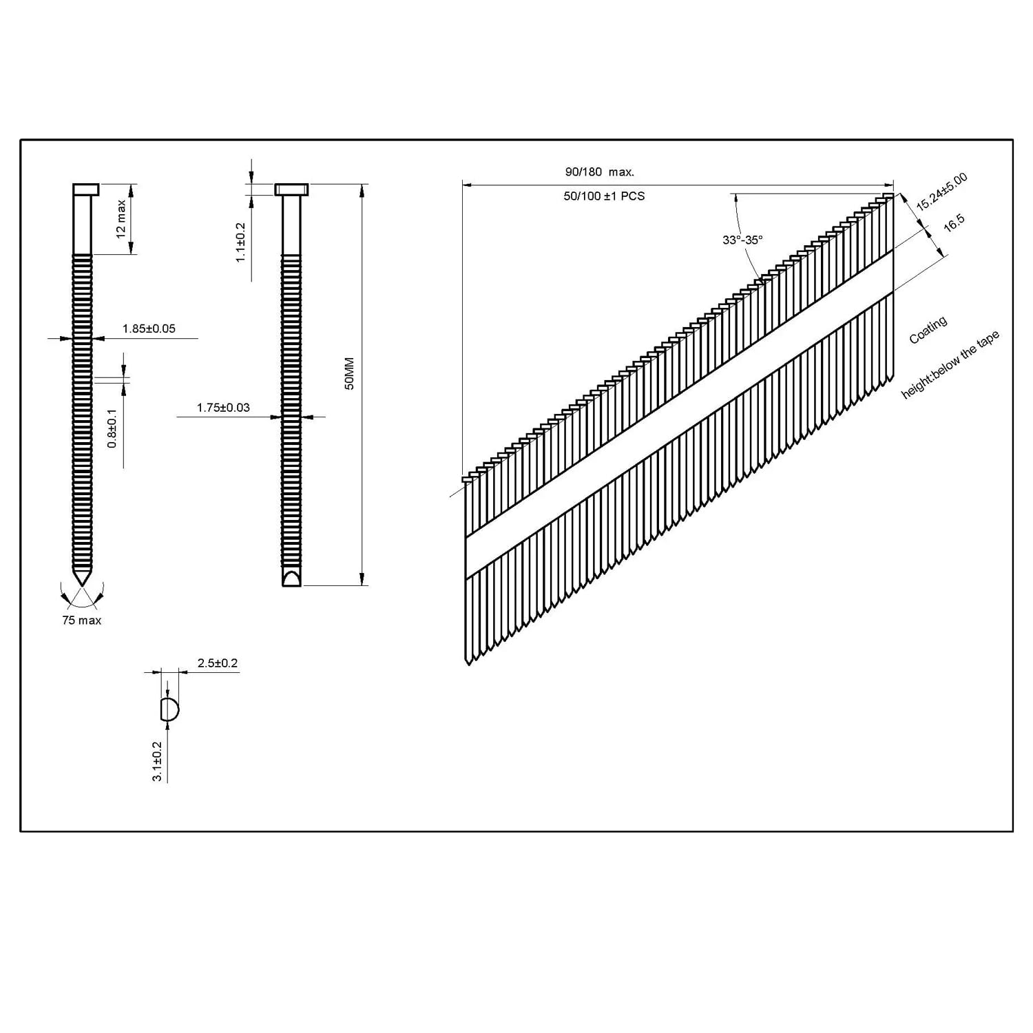 34° DA-Brads - 1,8x50mm, 4.000 piéces, DA-Brads pour Cloueur, Annelée/INOX A2, pour toutes les marques cloueuses