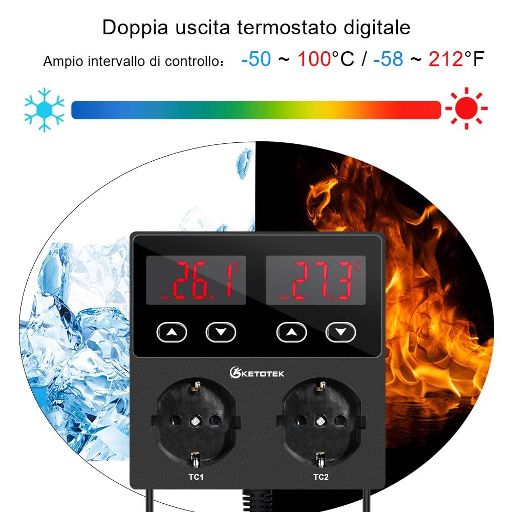 KETOTEK KT99pro Presa Termoregolatore Digitale Doppio Relè 10A per Rettili