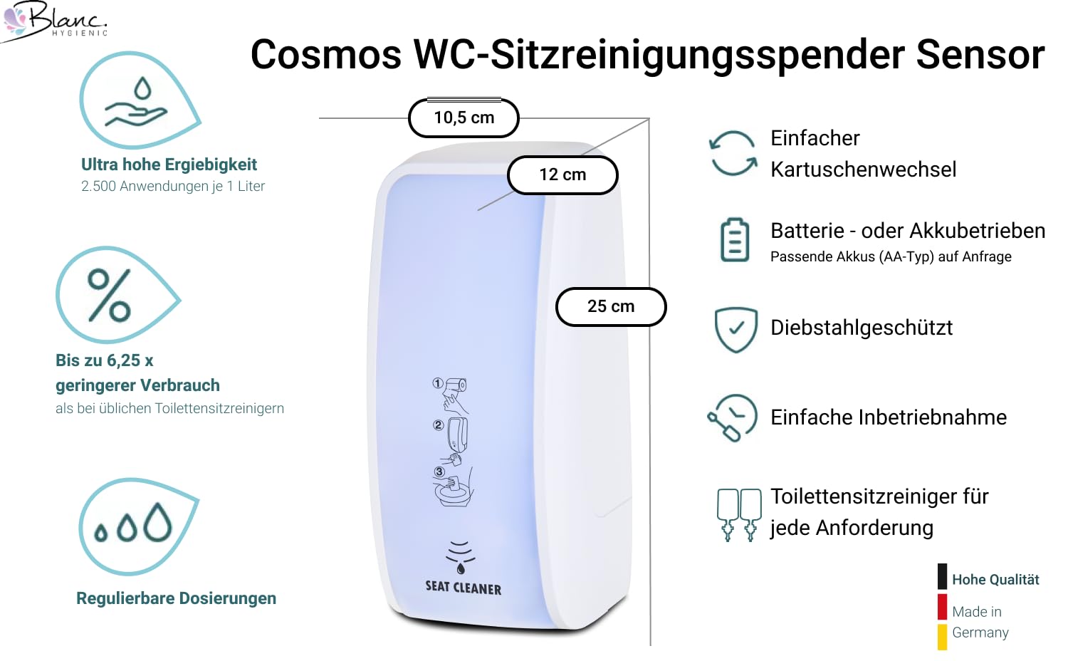 Cosmos Distributeur de nettoyage mural pour siège de toilette avec capteur pour cartouche de 1 litre Blanc