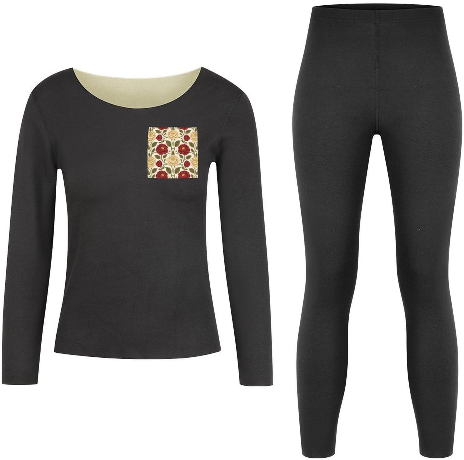 Women's Pretty Rose Flower Thermal Underwear Set Soft Long Johns Base Layer Top & Bottom for Cold Weather