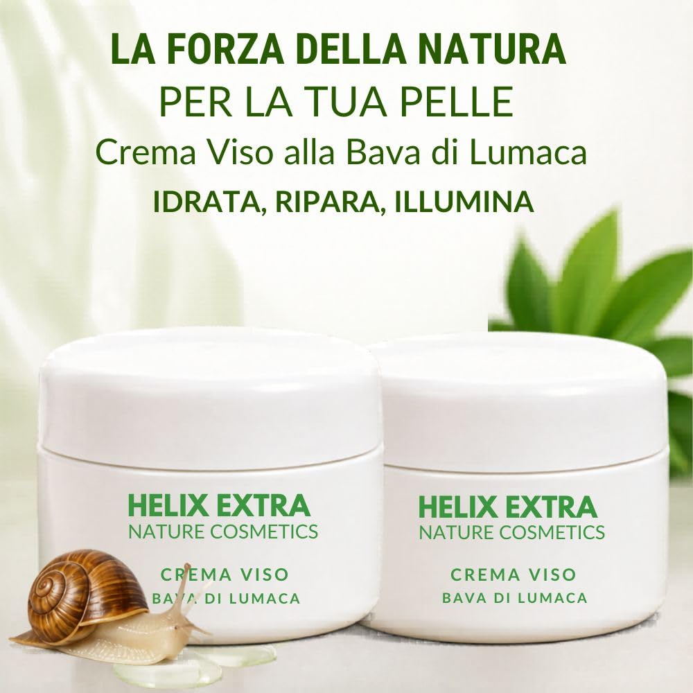 Helix Extra Crema Viso Bava di Lumaca 75% – Antirughe, Antimacchie – Idratante per Pelle Normale, Secca e Matura – Made in Italy 50ml – Confezione Doppia 2 x 50ml